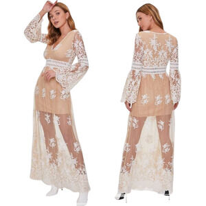Forever 21 Crochet Lace Maxi Dress sz M Women Tan White Sheer Overlay Boho Fairy